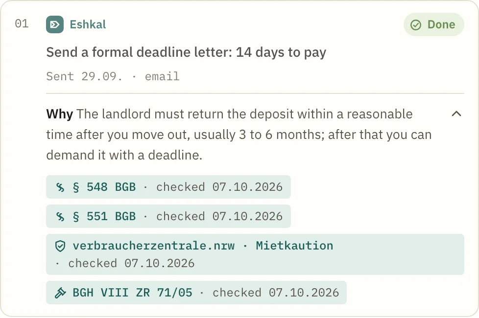 A plan step with its why block and four official sources, each checked on 07.10.2026.